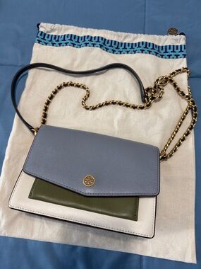 Tory Burch Tri-Color Leather Chain Crossbody — Light Blue, Olive & White